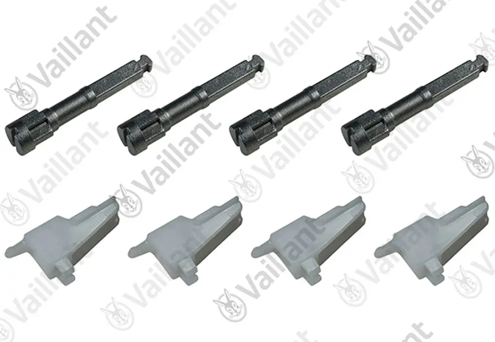 Set aus vier metallischen und vier weißen Kunststoffteilen, vermutlich für den Einsatz in Vaillant-Geräten, zur Befestigung oder Verbindung.
